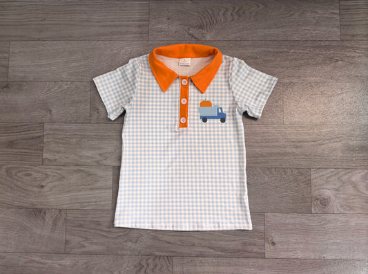 Embroidery Pumpkin Baby Boys Blue Checked Truck Fall Button Polo Shirts Top Preorder