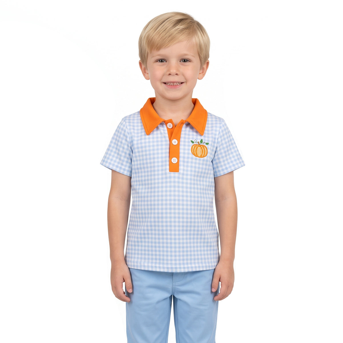 Embroidery Pumpkin Baby Boys Blue Checked Fall Button Polo Shirts Top
