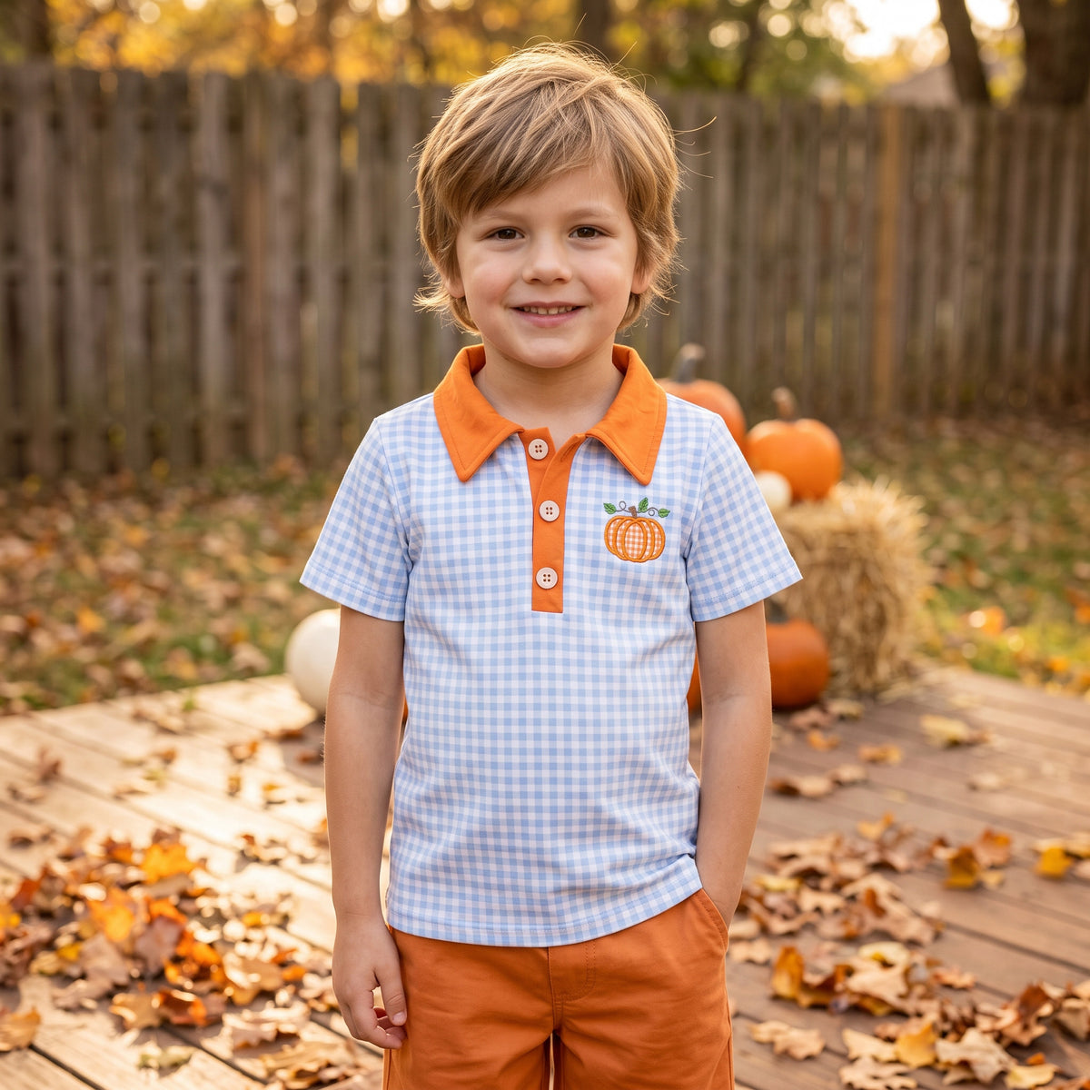 Embroidery Pumpkin Baby Boys Blue Checked Fall Button Polo Shirts Top