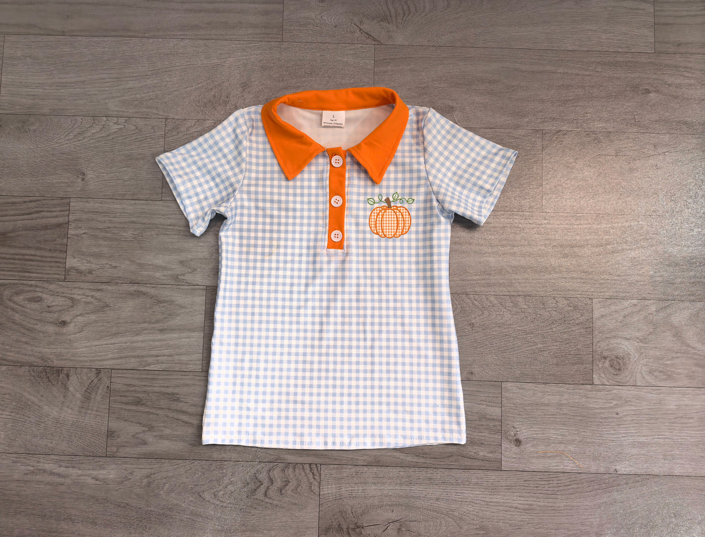 Embroidery Pumpkin Baby Boys Blue Checked Fall Button Polo Shirts Top Preorder