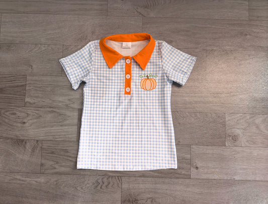 Embroidery Pumpkin Baby Boys Blue Checked Fall Button Polo Shirts Top Preorder