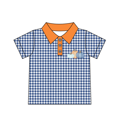Embroidery Pumpkins Baby Boys Hot Blue Checked Fall Button Polo Shirts Top Preorder