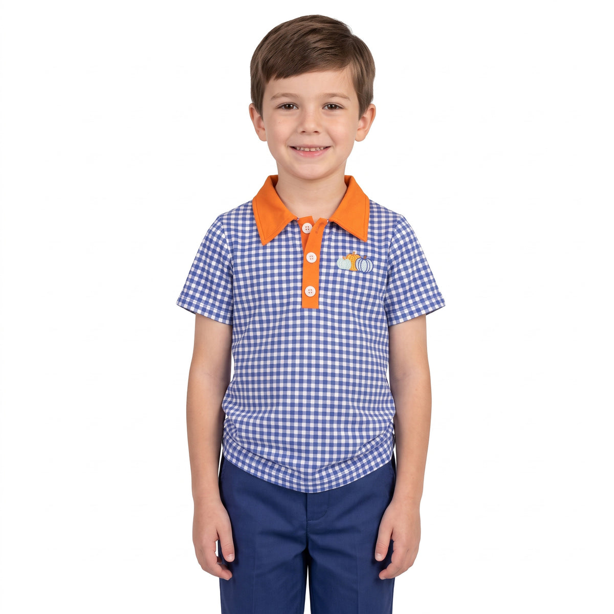 Embroidery Pumpkins Baby Boys Hot Blue Checked Fall Button Polo Shirts Top