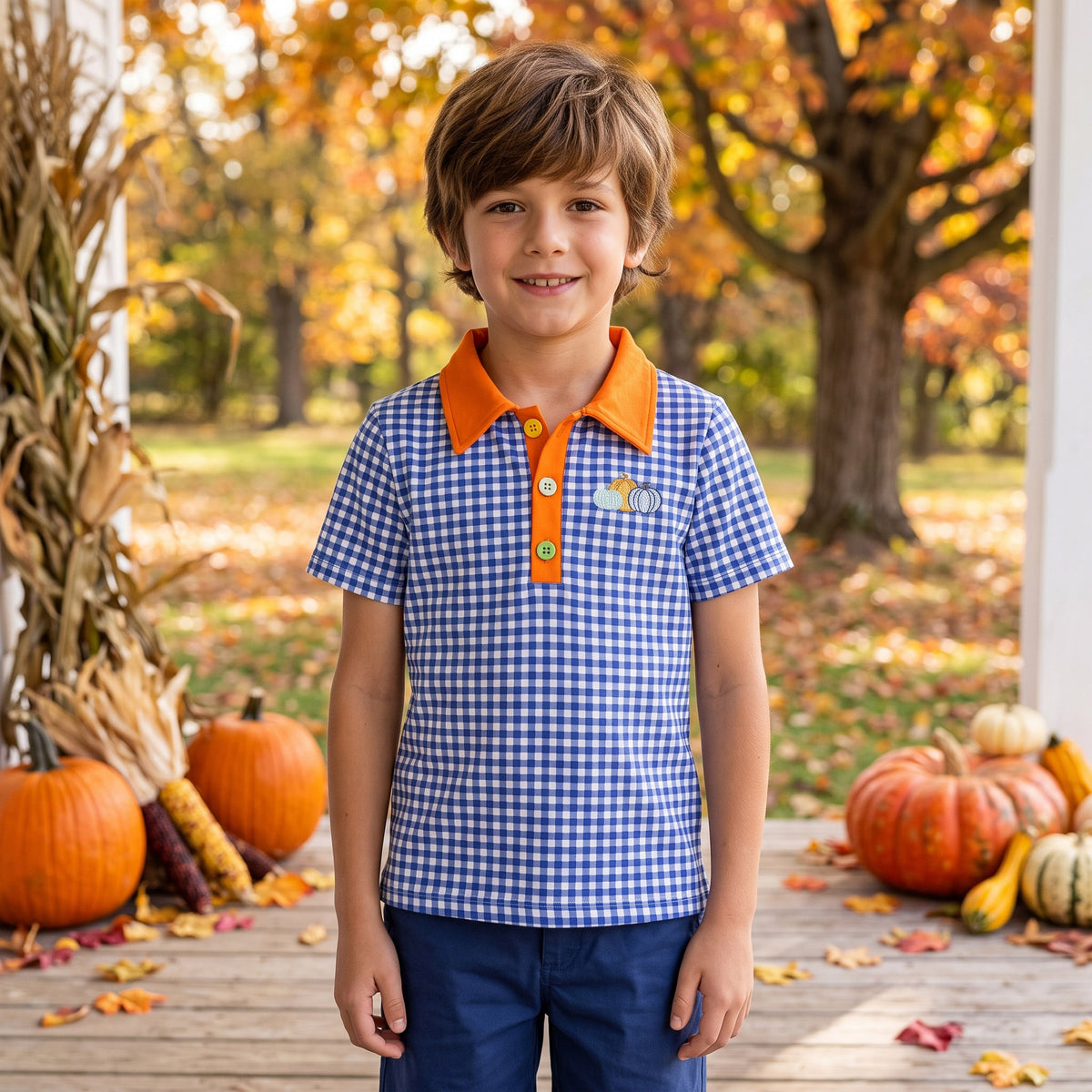 Embroidery Pumpkins Baby Boys Hot Blue Checked Fall Button Polo Shirts Top