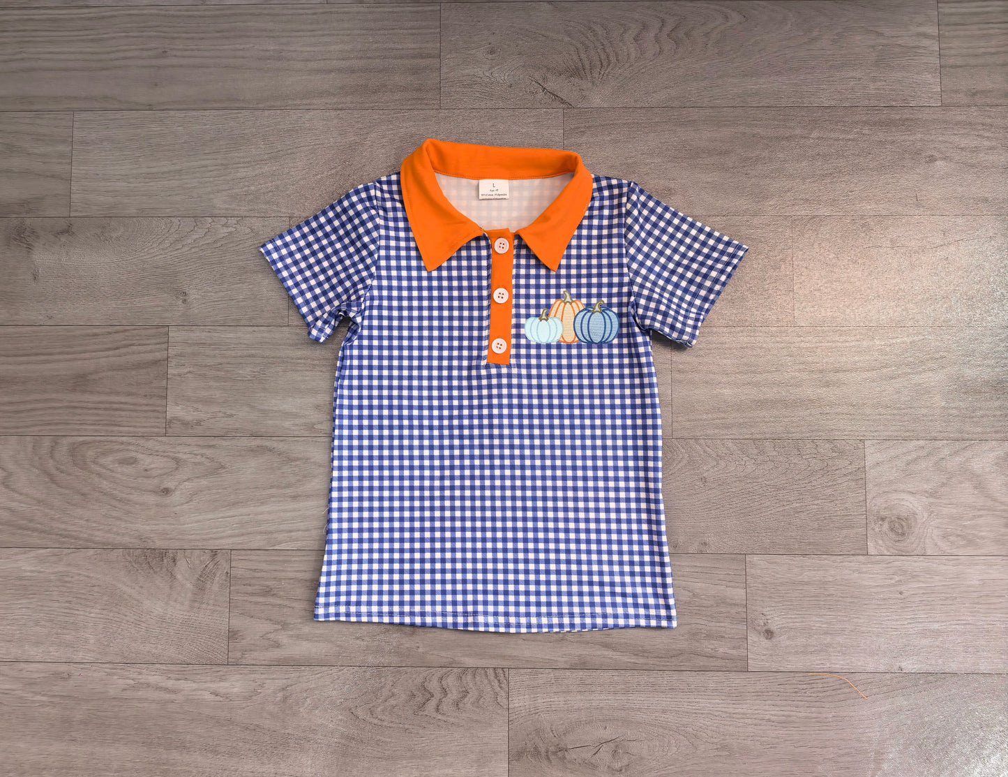 Embroidery Pumpkins Baby Boys Hot Blue Checked Fall Button Polo Shirts Top Preorder