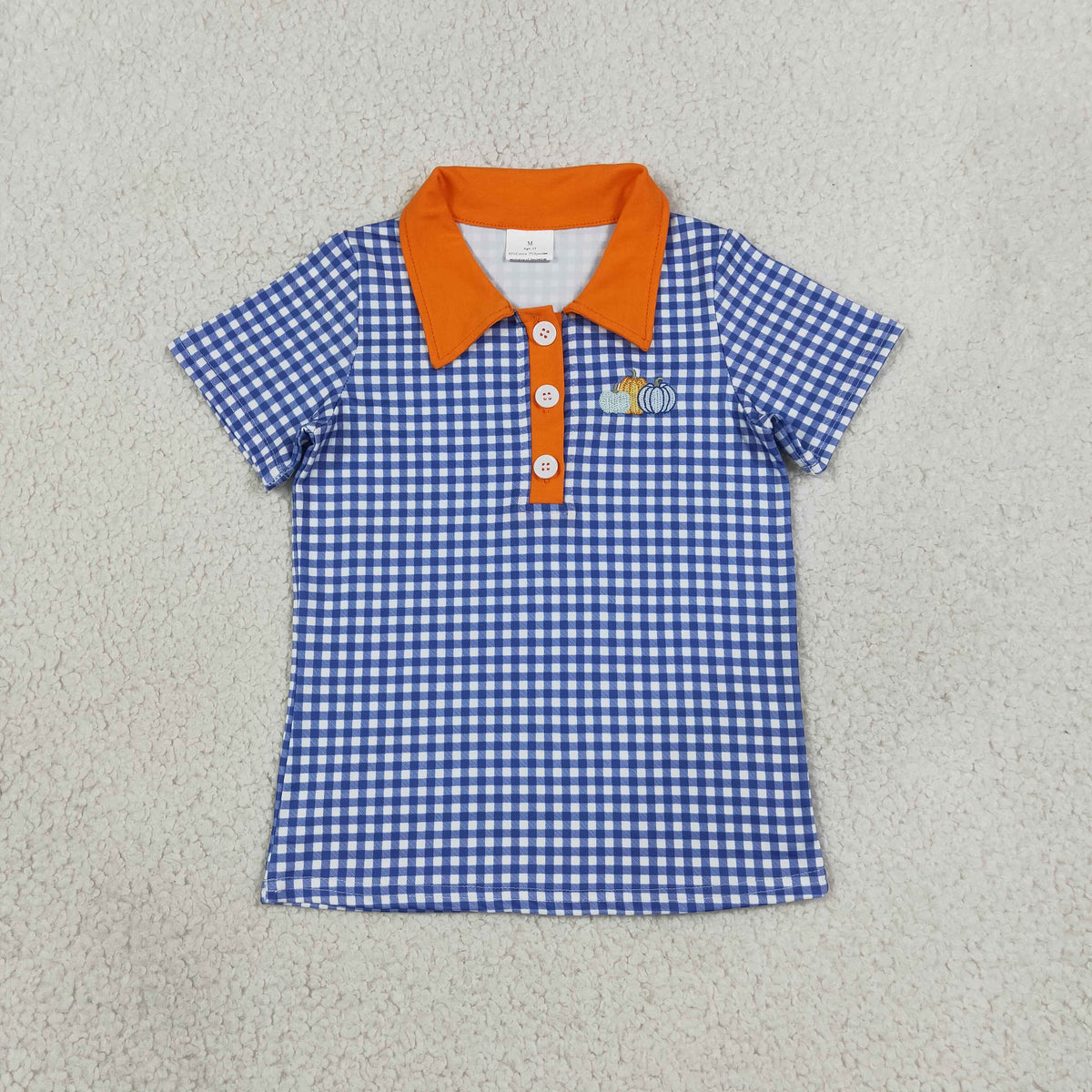 Embroidery Pumpkins Baby Boys Hot Blue Checked Fall Button Polo Shirts Top