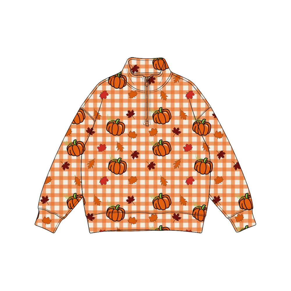 Preorder moq 5 Baby Boys Pumpkins Checked Fall Zip Pullovers Top