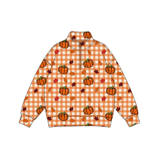 Preorder moq 5 Baby Boys Pumpkins Checked Fall Zip Pullovers Top