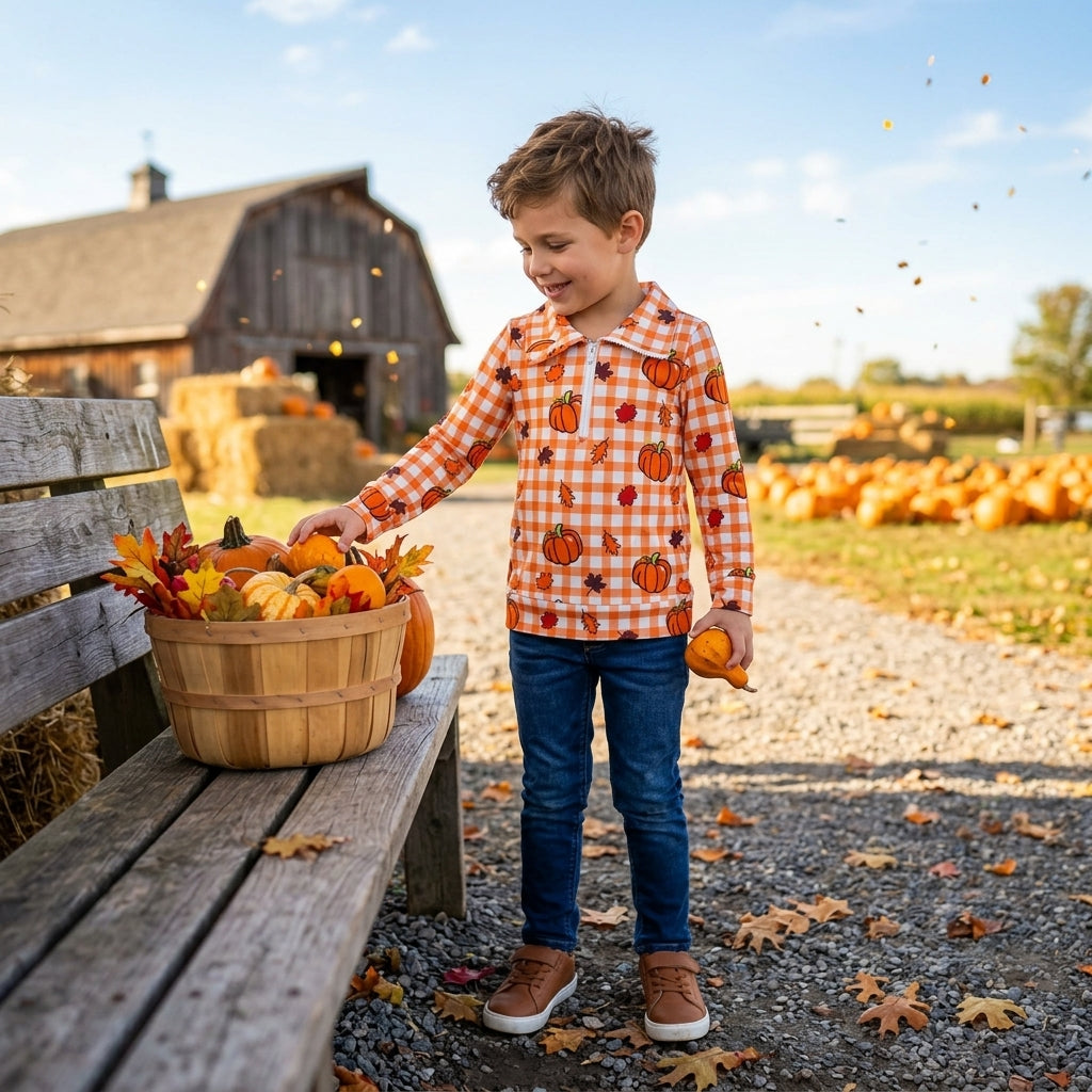 Baby Boys Long Sleeve Leaves Pumpkins Checked Fall Zip Pullovers Top