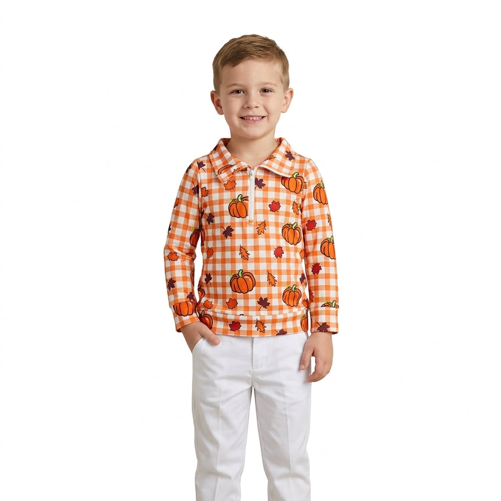 Baby Boys Long Sleeve Leaves Pumpkins Checked Fall Zip Pullovers Top