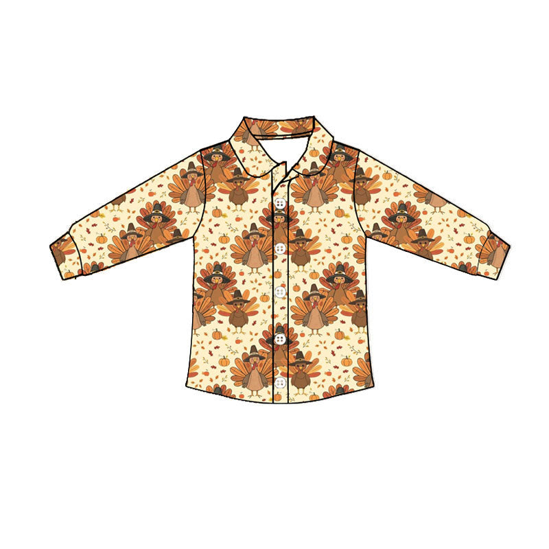 Preorder moq 5 Baby Boys Pumpkins Turkey Thanksgivings Button Shirts Top