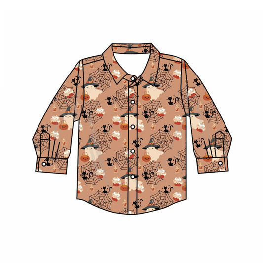 Preorder moq 5 Baby Boys Long Sleeve Ghost Pumpkins Halloween Button Shirts Top