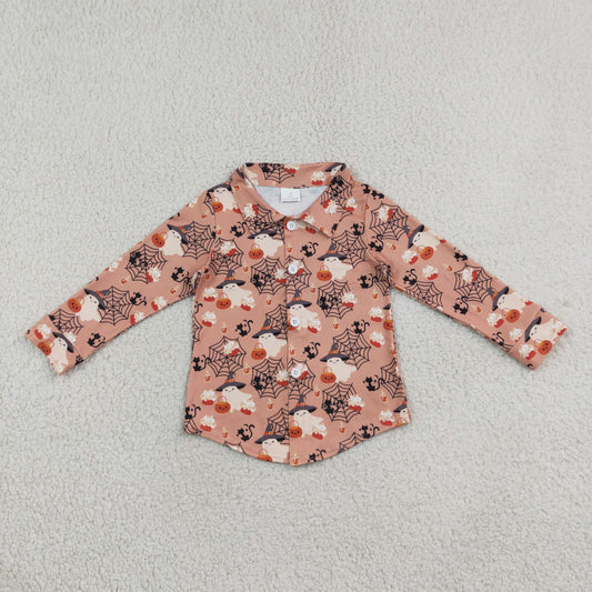 Sibling Baby Boys Spider-webs Ghost Pumpkins Halloween Button Shirt Zip Rompers