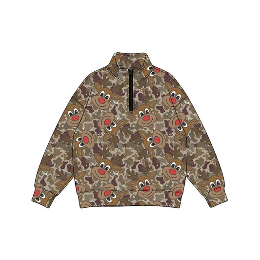 Preorder moq 5 Baby Boys Long Sleeve Brown Camo Deer Christmas Zip Pullovers Top