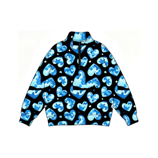 Preorder moq 5 Baby Boys Long Sleeve Blue Camo Hearts Valentines Zip Pullovers Top