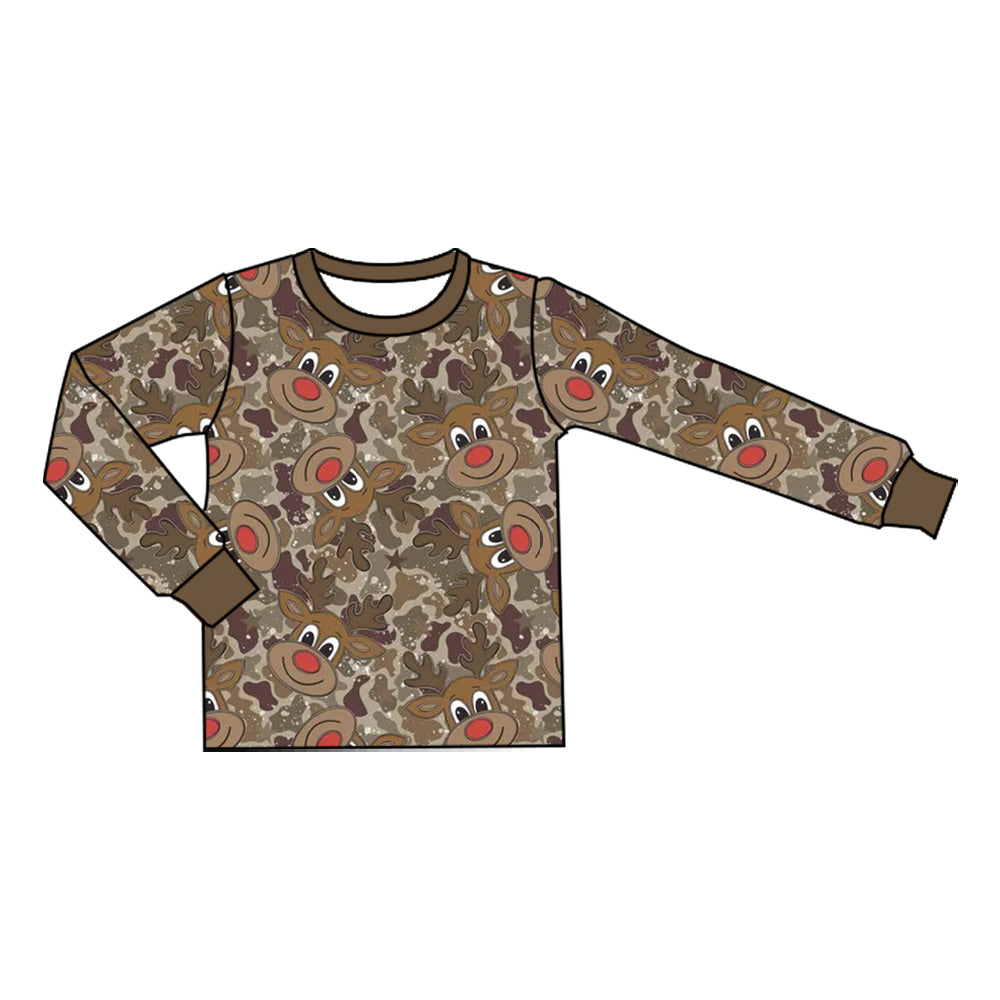 Preorder moq 5 Baby Boys Long Sleeve Brown Camo Deer Christmas T-shirts Top
