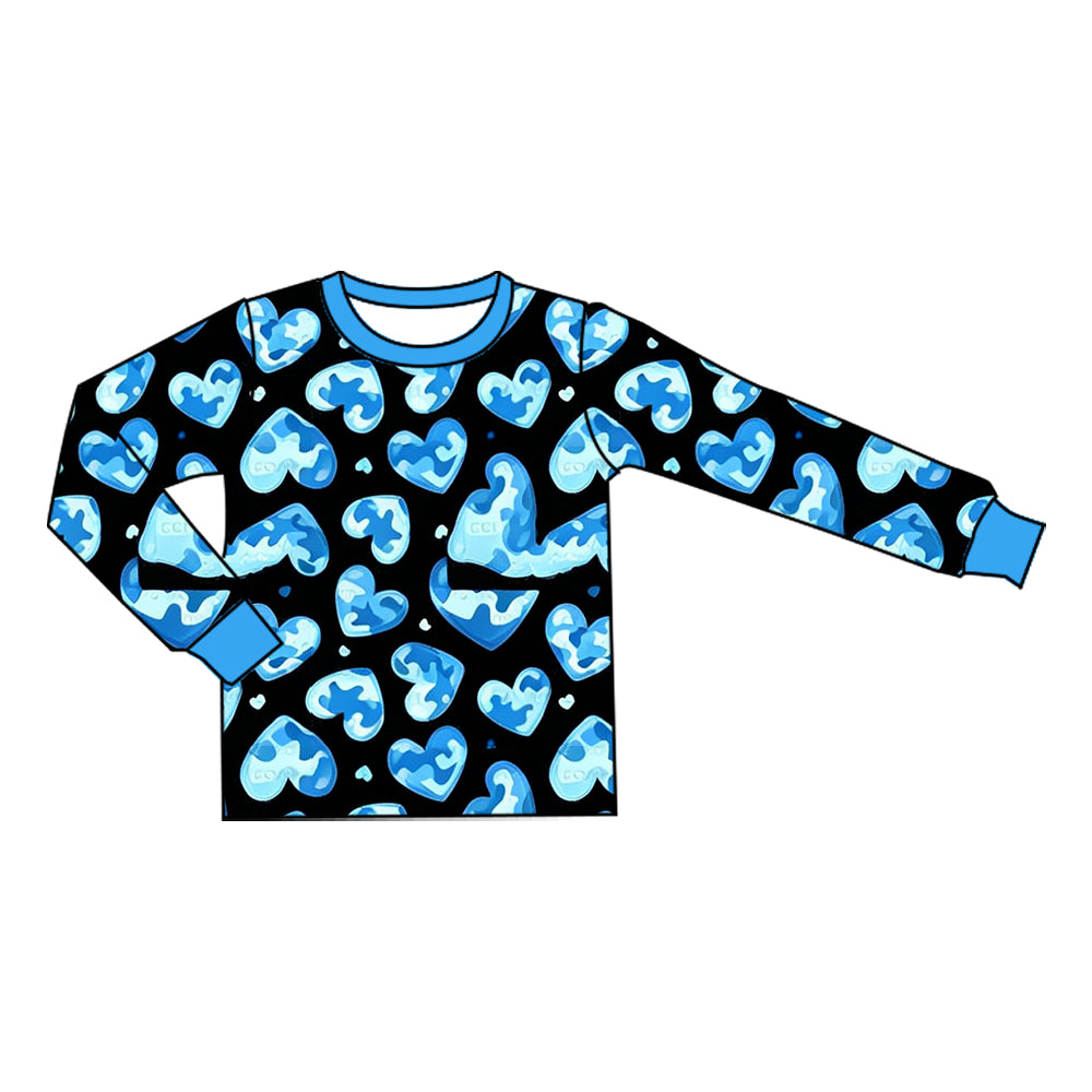 Preorder moq 5 Baby Boys Long Sleeve Blue Camo Hearts Valentines T-shirts Top