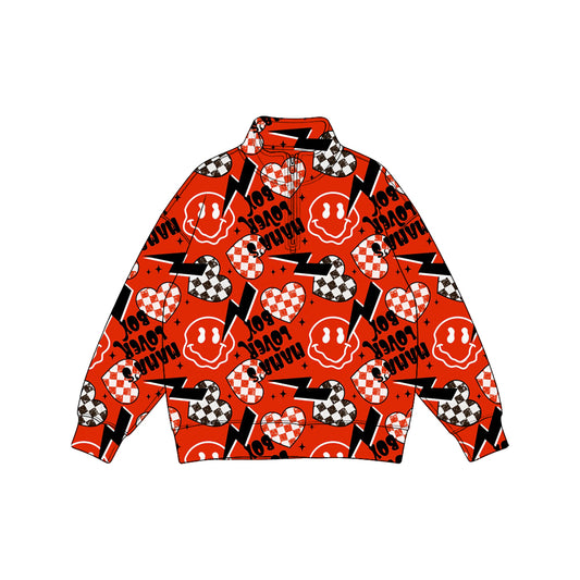 Preorder moq 5 Baby Boys Long Sleeve Mama's Lover Hearts Valentines Zip Pullovers Top