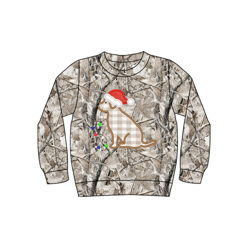 Preorder moq 5 Baby Boys Leaves Camo Embroidery Lights Dogs Christmas T-shirts Top