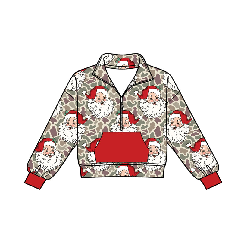 Preorder moq 5 Baby Boys Khaki Camo Santa Christmas Zip Pocket Pullovers Top