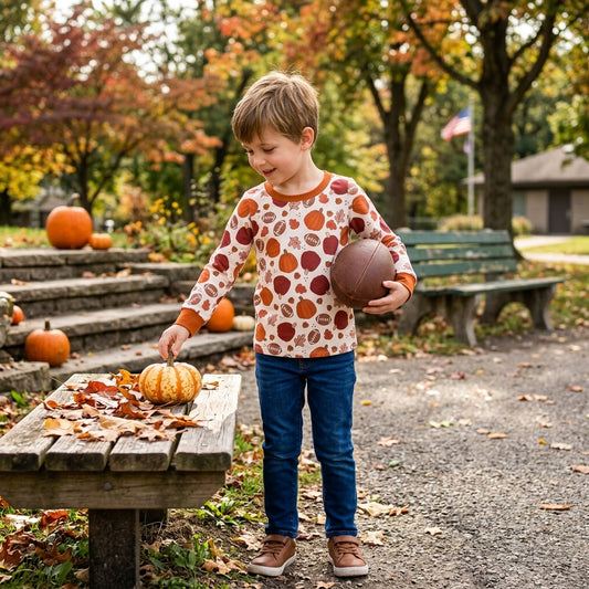 Baby Boys Long Sleeve Footballs Pumpkins Leaves Fall T-shirts Top