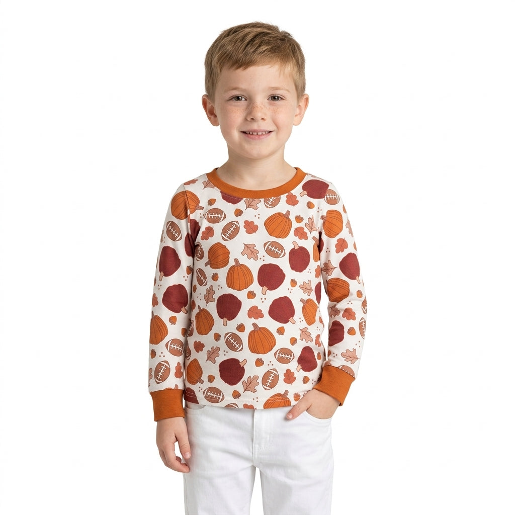 Baby Boys Long Sleeve Footballs Pumpkins Leaves Fall T-shirts Top