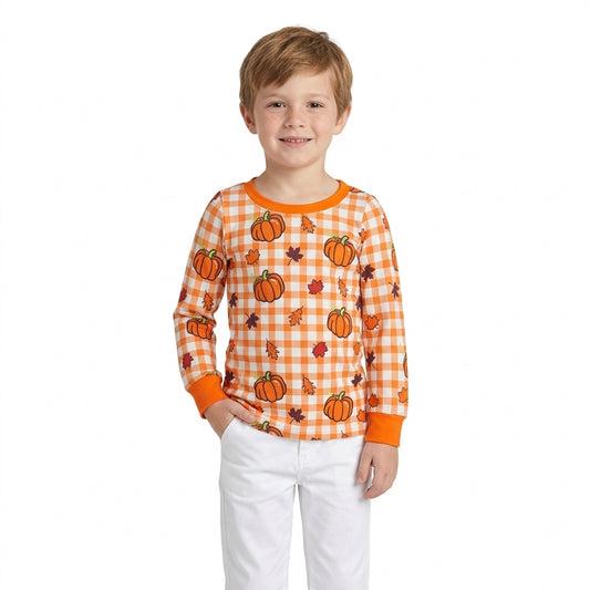 Baby Boys Long Sleeve Leaves Pumpkins Checked Fall T-shirts Top