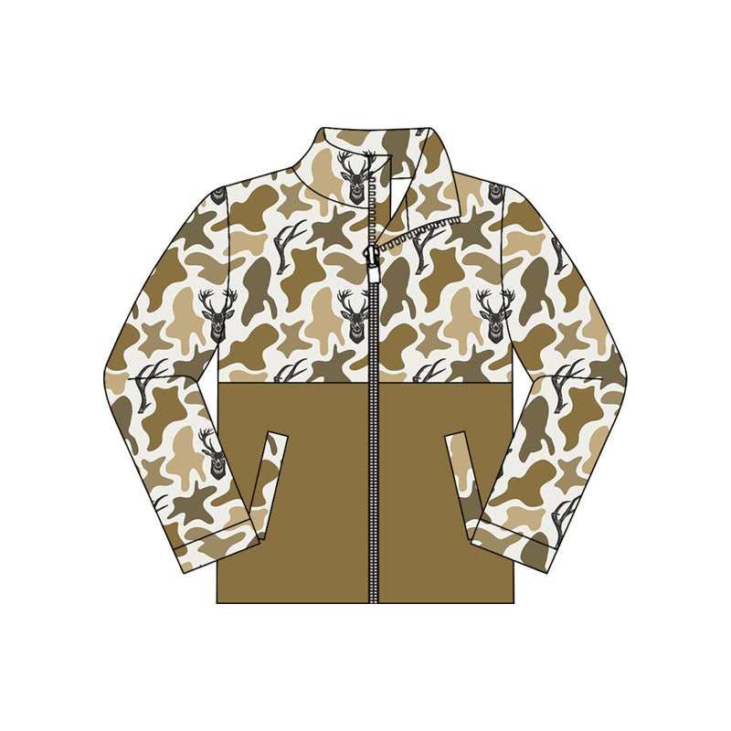 Preorder moq 5 Baby Boys Long Sleeve Khaki Camo Deer Pockets Zip Hunting Jackets Top