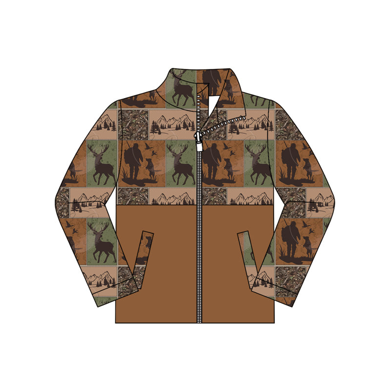Preorder moq 5 Baby Boys Long Sleeve Brown Camo Deer Pockets Zip Hunting Jackets Top