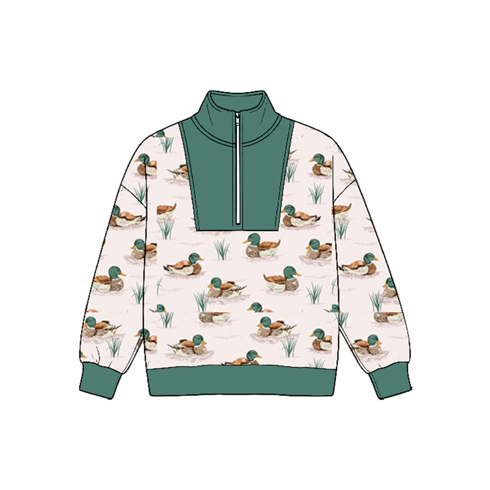 Preorder moq 5 Baby Boys Long Sleeve Ducks Plaid Hunting Zip Pullovers Top