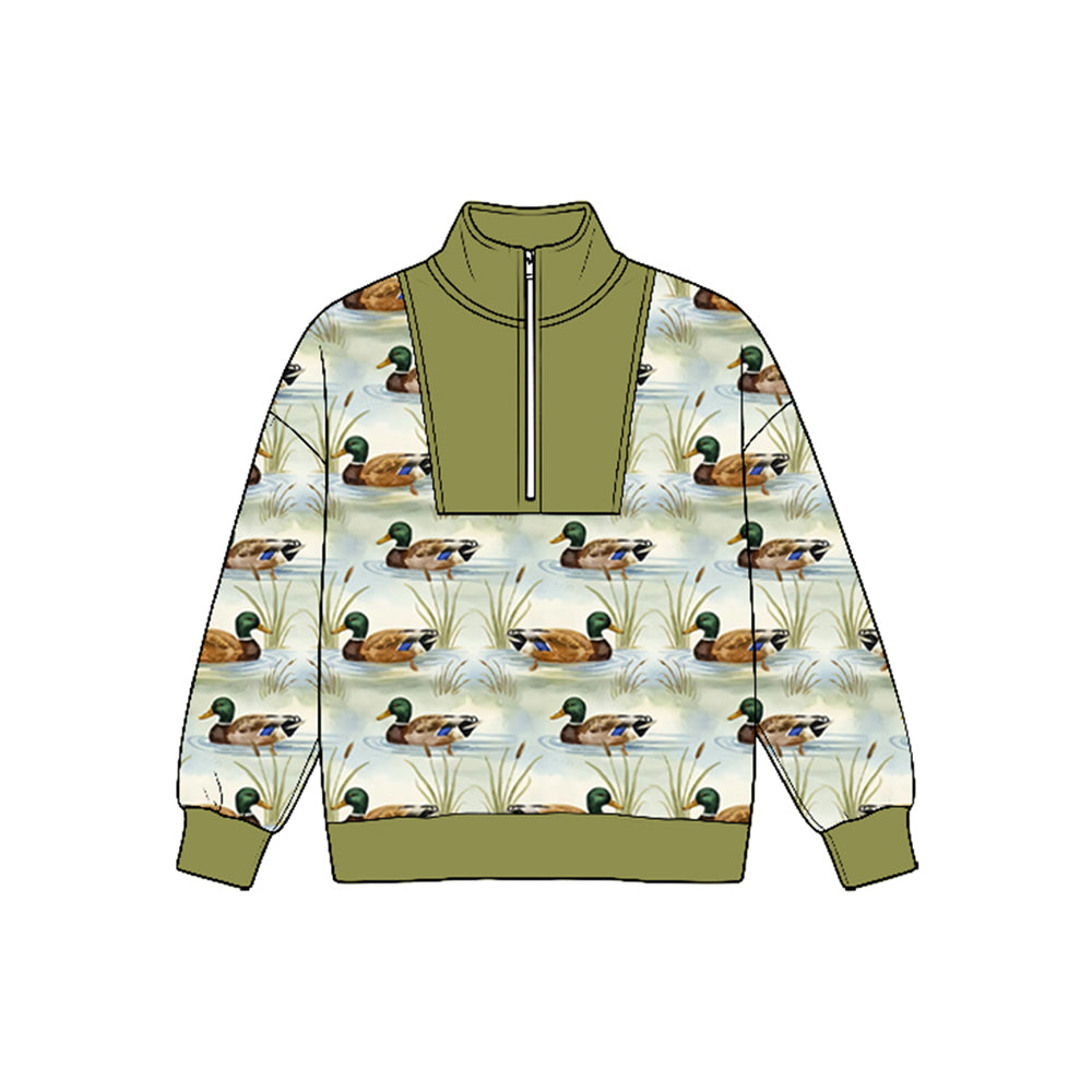 Preorder moq 5 Baby Boys Long Sleeve Ducks Plaid Hunting Zip Pullovers Top