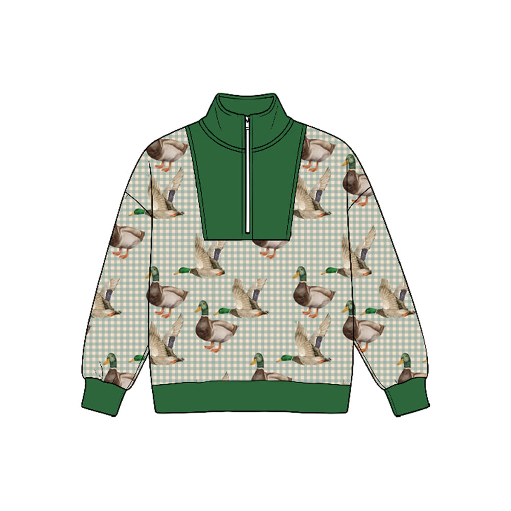 Preorder moq 5 Baby Boys Long Sleeve Ducks Plaid Hunting Zip Pullovers Top