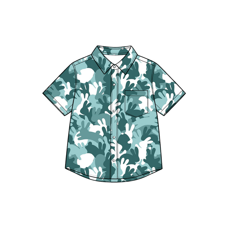 Preorder moq 5 Baby Boys Green Rabbits Camo Easter Button Pocket Shirts Top
