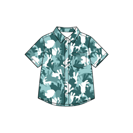 Preorder moq 5 Baby Boys Green Rabbits Camo Easter Button Pocket Shirts Top
