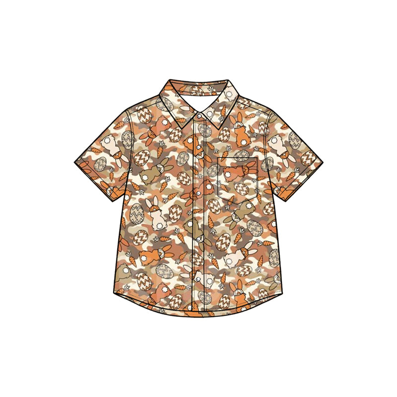 Preorder moq 5 Baby Boys Orange Camo Eggs Rabbits Easter Button Pocket Shirts Top