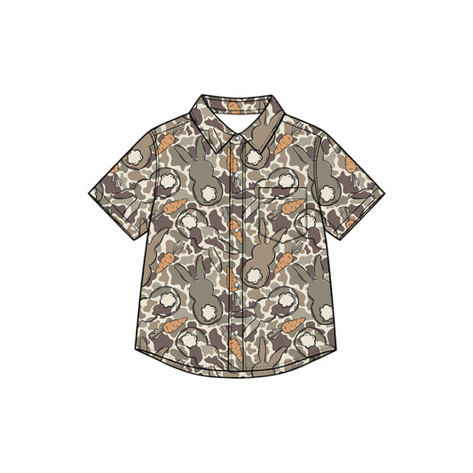 Preorder moq 5 Baby Boys Grey Camo Carrots Rabbits Easter Button Pocket Shirts Top