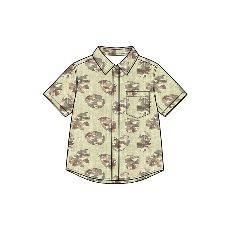 Preorder moq 5 Baby Boys Khaki Camo Eggs Easter Button Pocket Shirts Top