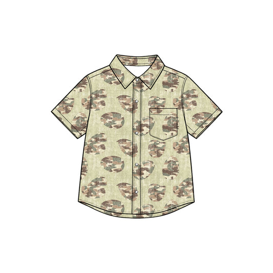 Preorder moq 5 Baby Boys Khaki Camo Eggs Easter Button Pocket Shirts Top