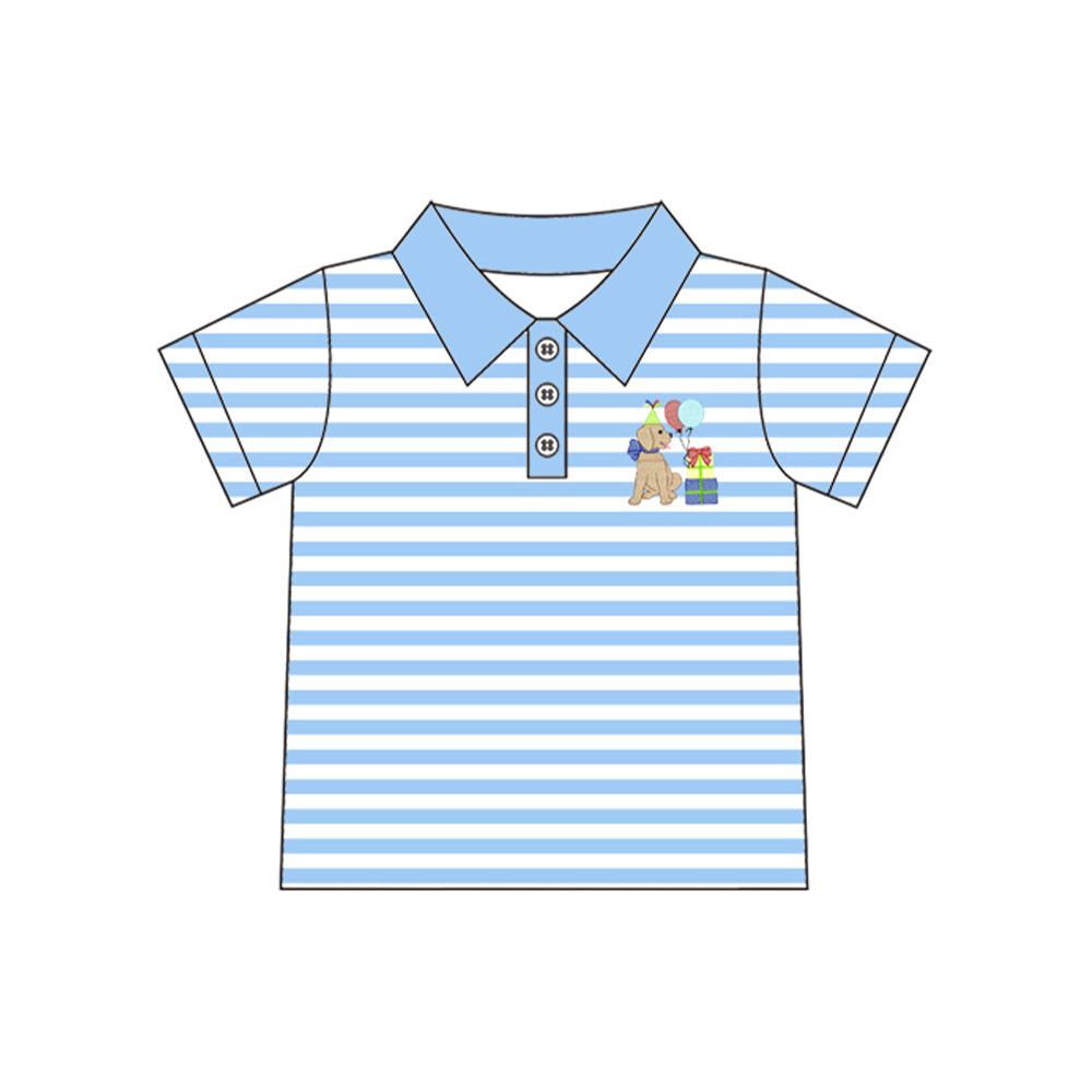 Preorder moq 5 Baby Boys Dog Balloons Blue Stripe Button Polo Shirts Top