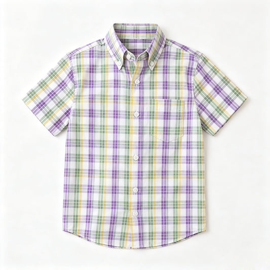 Preorder moq 5 Baby Boys Green Purple Yellow Checked Mardigras Button Pocket Shirts Top
