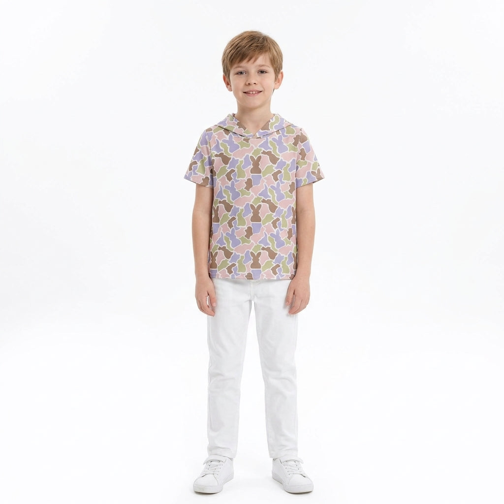 Baby Boys Olive Blue Rabbits Camo Easter Short Sleeve Hoodies Top