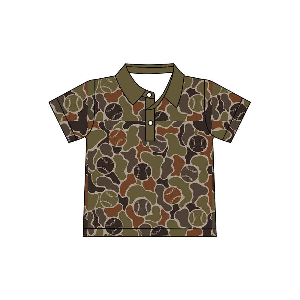 Baby Boys Short Sleeve Brown Baseballs Camo Team Button Polo Shirts Top Preorder