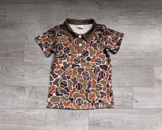 Baby Boys Short Sleeve Brown Baseballs Camo Team Button Polo Shirts Top Preorder