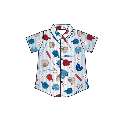 Baby Boys Blue Stripe Baseballs Team Button Shirts Top Preorder
