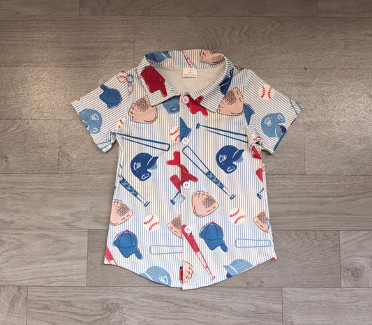 Baby Boys Blue Stripe Baseballs Team Button Shirts Top Preorder