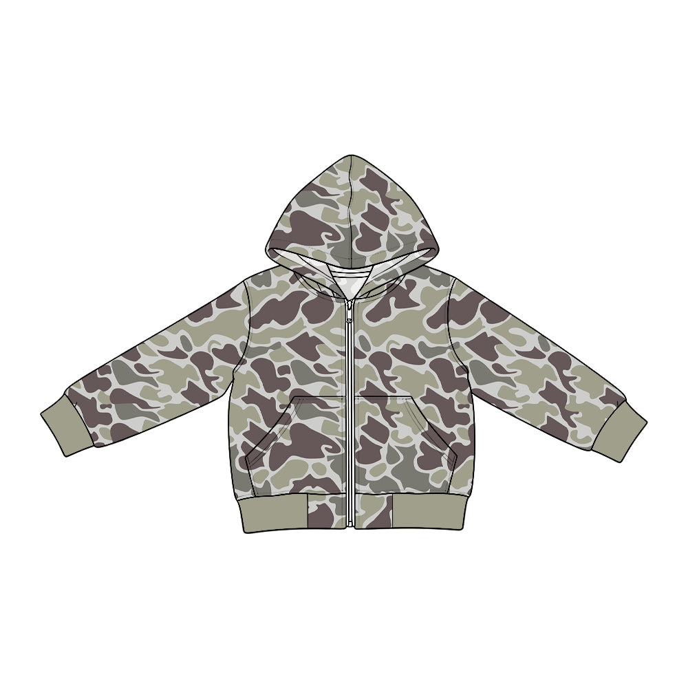 Preorder moq 5 Baby Boys Long Sleeve Grey Camo Zip Pockets Denim Hoodie Jackets Top