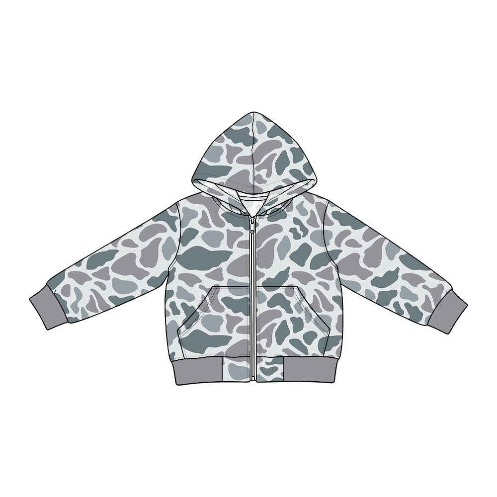 Preorder moq 5 Baby Boys Long Sleeve Light Grey Camo Zip Pockets Denim Hoodie Jackets Top