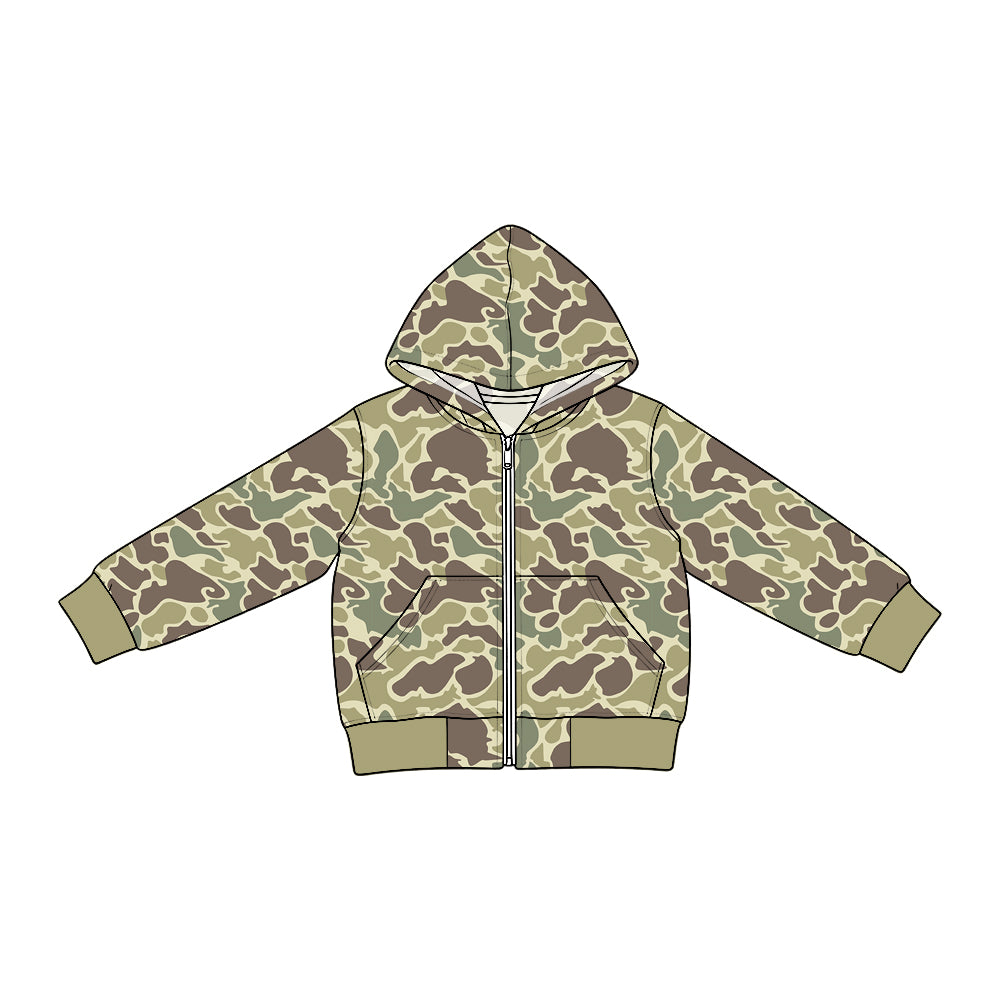 Preorder moq 5 Baby Boys Long Sleeve Khaki Camo Zip Pockets Denim Hoodie Jackets Top