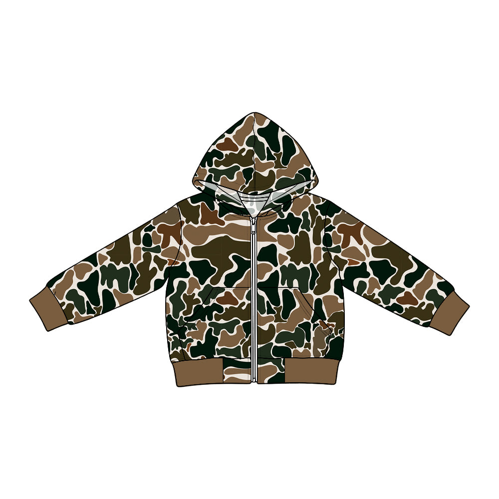 Preorder moq 5 Baby Boys Long Sleeve Dark Brown Camo Zip Pockets Denim Hoodie Jackets Top