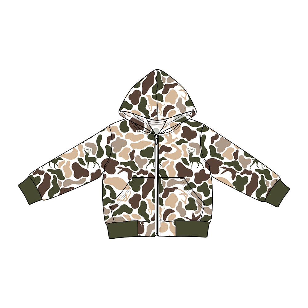 Preorder moq 5 Baby Boys Long Sleeve Dogs Ducks Camo Zip Pockets Denim Hoodie Jackets Top